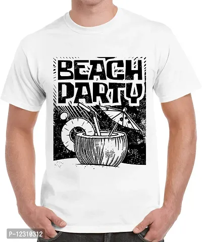 Caseria Men's Round Neck Cotton Half Sleeved T-Shirt with Printed Graphics - Beach Party (White, XXL)