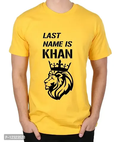 Caseria Men's Round Neck Cotton Half Sleeved T-Shirt with Printed Graphics - Last Name is Khan (Yellow, XL)-thumb0