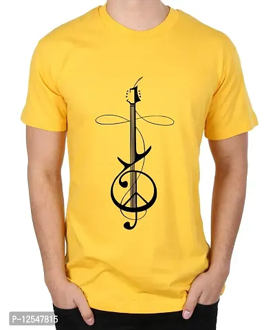 Caseria Men's Round Neck Cotton Half Sleeved T-Shirt with Printed Graphics - Peace Guitar (Yellow, XL)