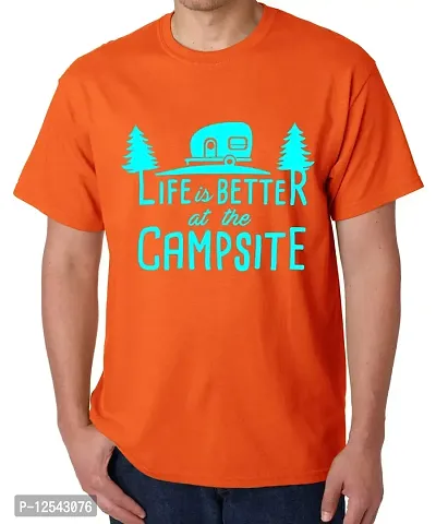 Caseria Men's Round Neck Cotton Half Sleeved T-Shirt with Printed Graphics - Better at The Campsite (Orange, XXL)