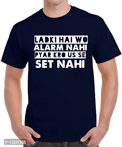 Caseria Men's Round Neck Cotton Half Sleeved T-Shirt with Printed Graphics - Ladki Hai Wo (Navy Blue, MD)-thumb0