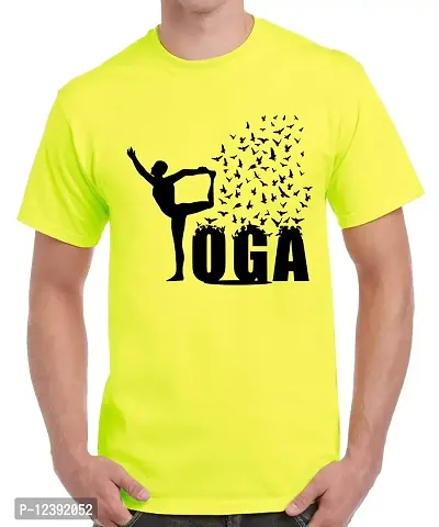 Caseria Men's Round Neck Cotton Half Sleeved T-Shirt with Printed Graphics - Yoga Bird (Lemon Yellow, XL)-thumb0