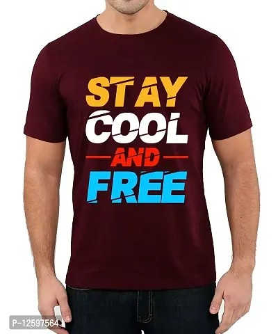 Caseria Men's Round Neck Cotton Half Sleeved T-Shirt with Printed Graphics - Stay Cool Free (Maroon, XL)-thumb0