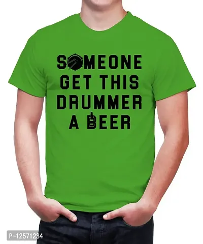 Caseria Men's Round Neck Cotton Half Sleeved T-Shirt with Printed Graphics - Someone Get This Drummer (Parrot Green, SM)-thumb0