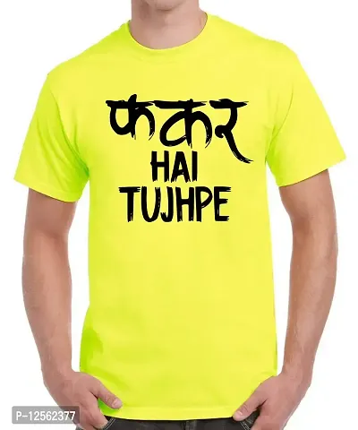 Caseria Men's Round Neck Cotton Half Sleeved T-Shirt with Printed Graphics - Hai Tujhpe (Lemon Yellow, XL)-thumb0