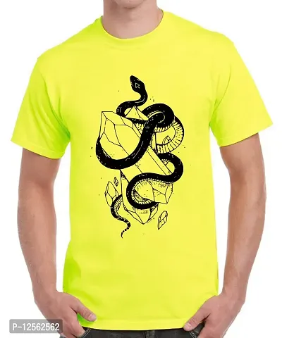 Caseria Men's Round Neck Cotton Half Sleeved T-Shirt with Printed Graphics - Snake Crystal (Lemon Yellow, SM)-thumb0