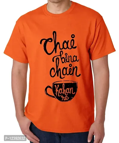 Caseria Men's Round Neck Cotton Half Sleeved T-Shirt with Printed Graphics - Chai Bina Chain Kahan Re (Orange, XXL)-thumb0