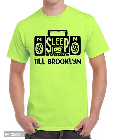 Caseria Men's Round Neck Cotton Half Sleeved T-Shirt with Printed Graphics - Sleep Till Brooklyn (Liril Green, XL)