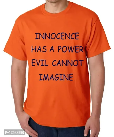 Caseria Men's Round Neck Cotton Half Sleeved T-Shirt with Printed Graphics - Innocence HAS A Power (Orange, MD)