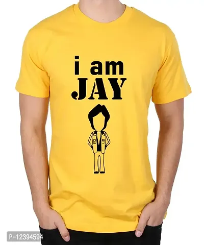 Caseria Men's Round Neck Cotton Half Sleeved T-Shirt with Printed Graphics - I Am Jay (Yellow, SM)-thumb0