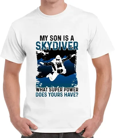 Caseria Men's Round Neck Half Sleeved T-Shirt with Graphics - Son Skydiver (White, MD)