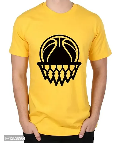 Caseria Men's Round Neck Cotton Half Sleeved T-Shirt with Printed Graphics - Basket Ball (Yellow, XL)-thumb0