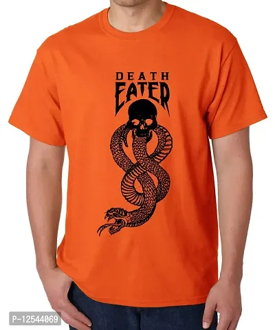 Caseria Men's Round Neck Cotton Half Sleeved T-Shirt with Printed Graphics - Death Eater (Orange, L)