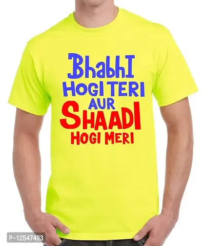 Caseria Men's Round Neck Cotton Half Sleeved T-Shirt with Printed Graphics - Bhabhi Shaadi (Lemon Yellow, XXL)-thumb0