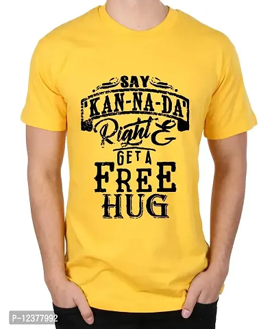 Caseria Men's Round Neck Cotton Half Sleeved T-Shirt with Printed Graphics - Say Kannada (Yellow, XL)-thumb0