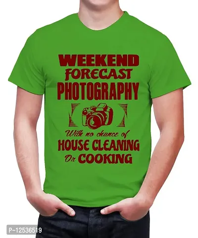 Caseria Men's Round Neck Cotton Half Sleeved T-Shirt with Printed Graphics - Weekend Forecast Photography (Parrot Green, MD)