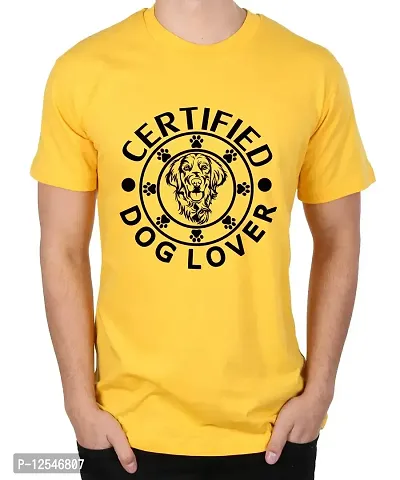 Caseria Men's Round Neck Cotton Half Sleeved T-Shirt with Printed Graphics - Certified Dog Lover (Yellow, XXL)-thumb0