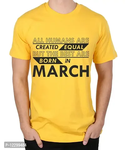 Caseria Men's Round Neck Cotton Half Sleeved T-Shirt with Printed Graphics - Best Born in March Pattern (Yellow, MD)