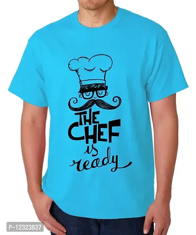 Caseria Men's Round Neck Cotton Half Sleeved T-Shirt with Printed Graphics - The Chef is Ready (Sky Blue, XL)-thumb0