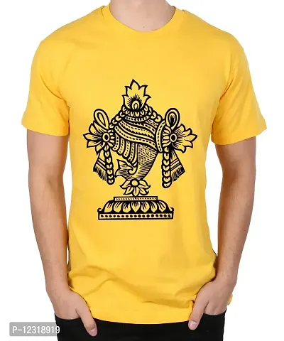 Caseria Men's Round Neck Cotton Half Sleeved T-Shirt with Printed Graphics - Shanku Chakra (Yellow, XL)