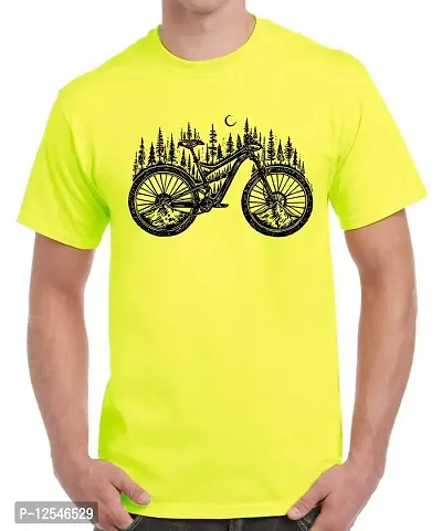 Caseria Men's Round Neck Cotton Half Sleeved T-Shirt with Printed Graphics - Cycle Forest (Lemon Yellow, XXL)-thumb0