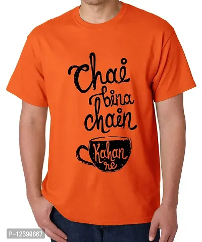 Caseria Men's Round Neck Cotton Half Sleeved T-Shirt with Printed Graphics - Chai Bina Chain Kahan Re (Orange, SM)-thumb0