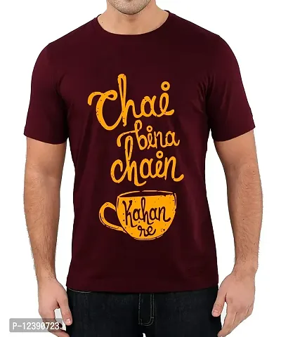 Caseria Men's Round Neck Cotton Half Sleeved T-Shirt with Printed Graphics - Chai Bina Chain Kahan Re (Maroon, XXL)-thumb0