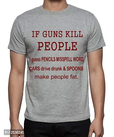 Caseria Men's Round Neck Cotton Half Sleeved T-Shirt with Printed Graphics - Guns Kill People (Grey, XXL)