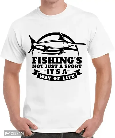 Caseria Men's Round Neck Cotton Half Sleeved T-Shirt with Printed Graphics - Way of Life Fishing (White, XXL)-thumb0