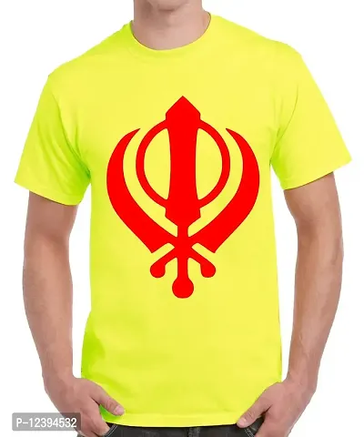 Caseria Men's Round Neck Cotton Half Sleeved T-Shirt with Printed Graphics - Sikh Khanda (Lemon Yellow, MD)-thumb0