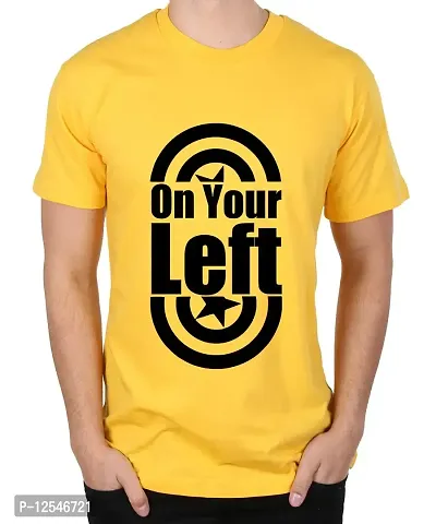 Caseria Men's Round Neck Cotton Half Sleeved T-Shirt with Printed Graphics - On Your Left (Yellow, SM)