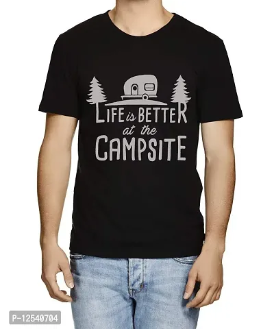 Caseria Men's Round Neck Cotton Half Sleeved T-Shirt with Printed Graphics - Better at The Campsite (Black, L)