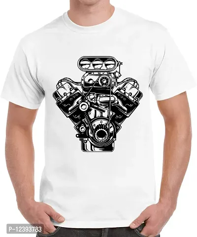 Caseria Men's Round Neck Cotton Half Sleeved T-Shirt with Printed Graphics - Heart Car Engine (White, XXL)-thumb0