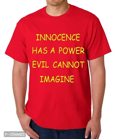 Caseria Men's Round Neck Cotton Half Sleeved T-Shirt with Printed Graphics - Innocence HAS A Power (Red, L)