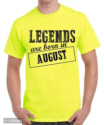 Caseria Men's Round Neck Cotton Half Sleeved T-Shirt with Printed Graphics - Legends are Born in August Pattern (Lemon Yellow, SM)