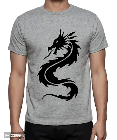 Caseria Men's Round Neck Cotton Half Sleeved T-Shirt with Printed Graphics - Chinese Dragon (Grey, XXL)-thumb0