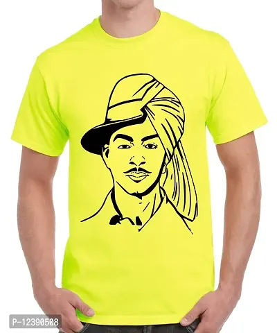 Caseria Men's Round Neck Cotton Half Sleeved T-Shirt with Printed Graphics - 2side Shaheed Bhagat Singh (Lemon Yellow, XL)