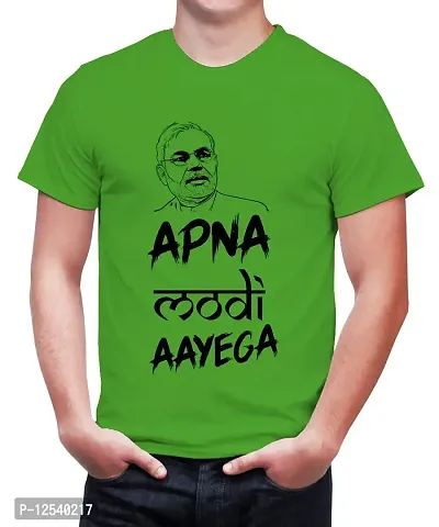 Caseria Men's Round Neck Cotton Half Sleeved T-Shirt with Printed Graphics - Apna Modi Ayega (Parrot Green, L)-thumb0