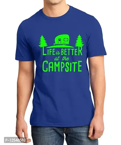 Caseria Men's Round Neck Cotton Half Sleeved T-Shirt with Printed Graphics - Better at The Campsite (Royal Blue, L)-thumb0