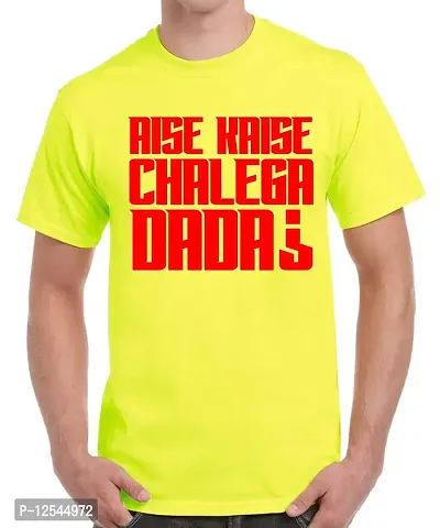 Caseria Men's Round Neck Cotton Half Sleeved T-Shirt with Printed Graphics - Aise Kaise Chalega Dada (Lemon Yellow, XL)-thumb0