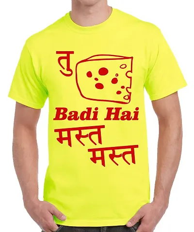 Caseria Men's Round Neck Half Sleeved T-Shirt with Graphics - Tu Cheez Badi Mast (Lemon Yellow, L)