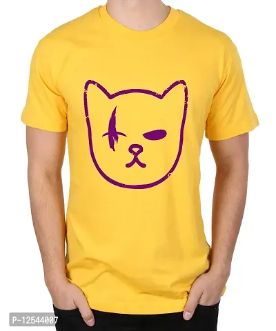 Caseria Men's Round Neck Cotton Half Sleeved T-Shirt with Printed Graphics - Meowster (Yellow, XXL)