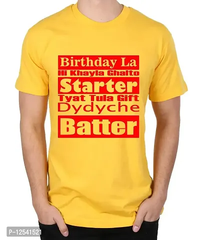 Caseria Men's Round Neck Cotton Half Sleeved T-Shirt with Printed Graphics - Birthday La Hi Khayla Ghalto (Yellow, L)