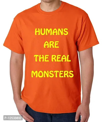 Caseria Men's Round Neck Cotton Half Sleeved T-Shirt with Printed Graphics - Real Monsters (Orange, L)