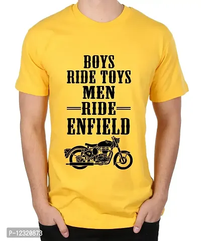 Caseria Men's Round Neck Cotton Half Sleeved T-Shirt with Printed Graphics - Men Ride Bullet (Yellow, XXL)-thumb0