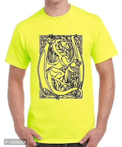 Caseria Men's Round Neck Cotton Half Sleeved T-Shirt with Printed Graphics - Dragon Card (Lemon Yellow, XXL)-thumb0