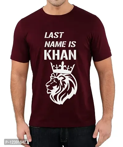 Caseria Men's Round Neck Cotton Half Sleeved T-Shirt with Printed Graphics - Last Name is Khan (Maroon, SM)