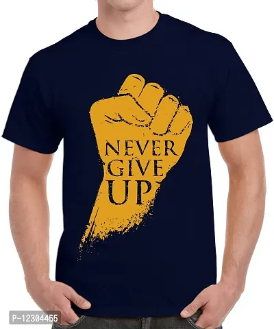 Caseria Men's Round Neck Cotton Half Sleeved T-Shirt with Printed Graphics - Never Give Up (Navy Blue, MD)-thumb0