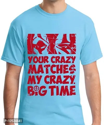 Caseria Men's Round Neck Cotton Half Sleeved T-Shirt with Printed Graphics - Crazy Big Time (Sky Blue, MD)