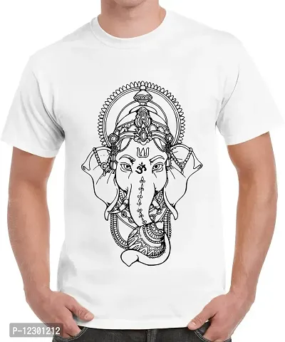 Caseria Men's Round Neck Cotton Half Sleeved T-Shirt with Printed Graphics - Shri Ganesh (White, MD)-thumb0